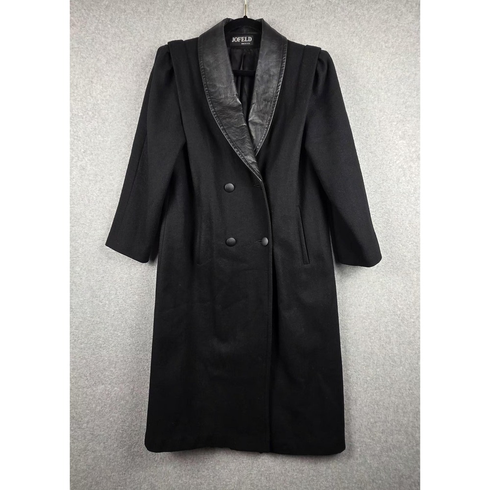 Vintage Jofeld Coat Womens 44 Black Wool Leather Shawl Collar‎ Overcoat 80s USA